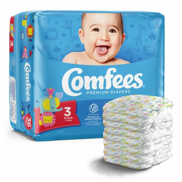Attends Comfees Premium Diapers, Unisex, Baby, Tab Closure, Size 3