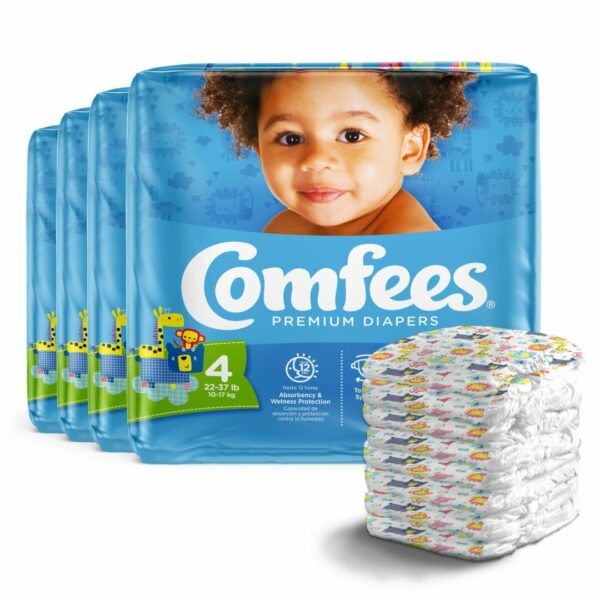 Attends Comfees Premium Baby Diapers, Tab Closure, Kid Design, Size 4