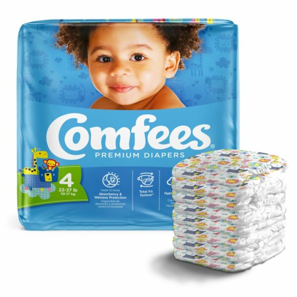 Attends Comfees Premium Baby Diapers, Tab Closure, Kid Design, Size 4