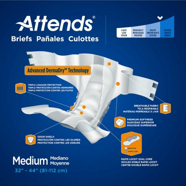 Attends Briefs, Adult, Medium, Heavy Absorbency, Disposable, White